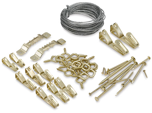 Open in modal - Ook Picture Hanging Kits - Components of Hook kit including hooks and screw eyes, shown on surface