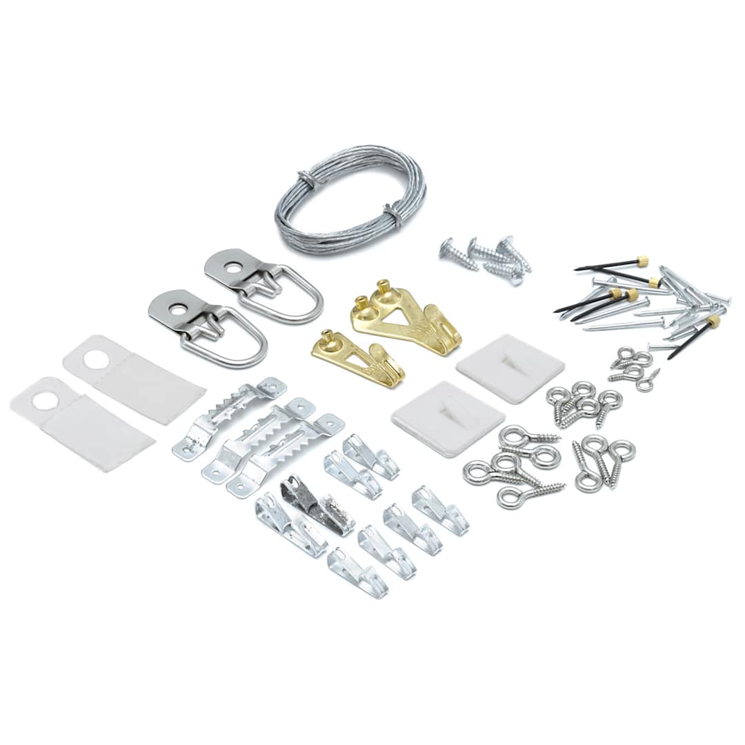 Open in modal - Ook Picture Hanging Kits - Components of kit including hooks and hangers laid out on surface