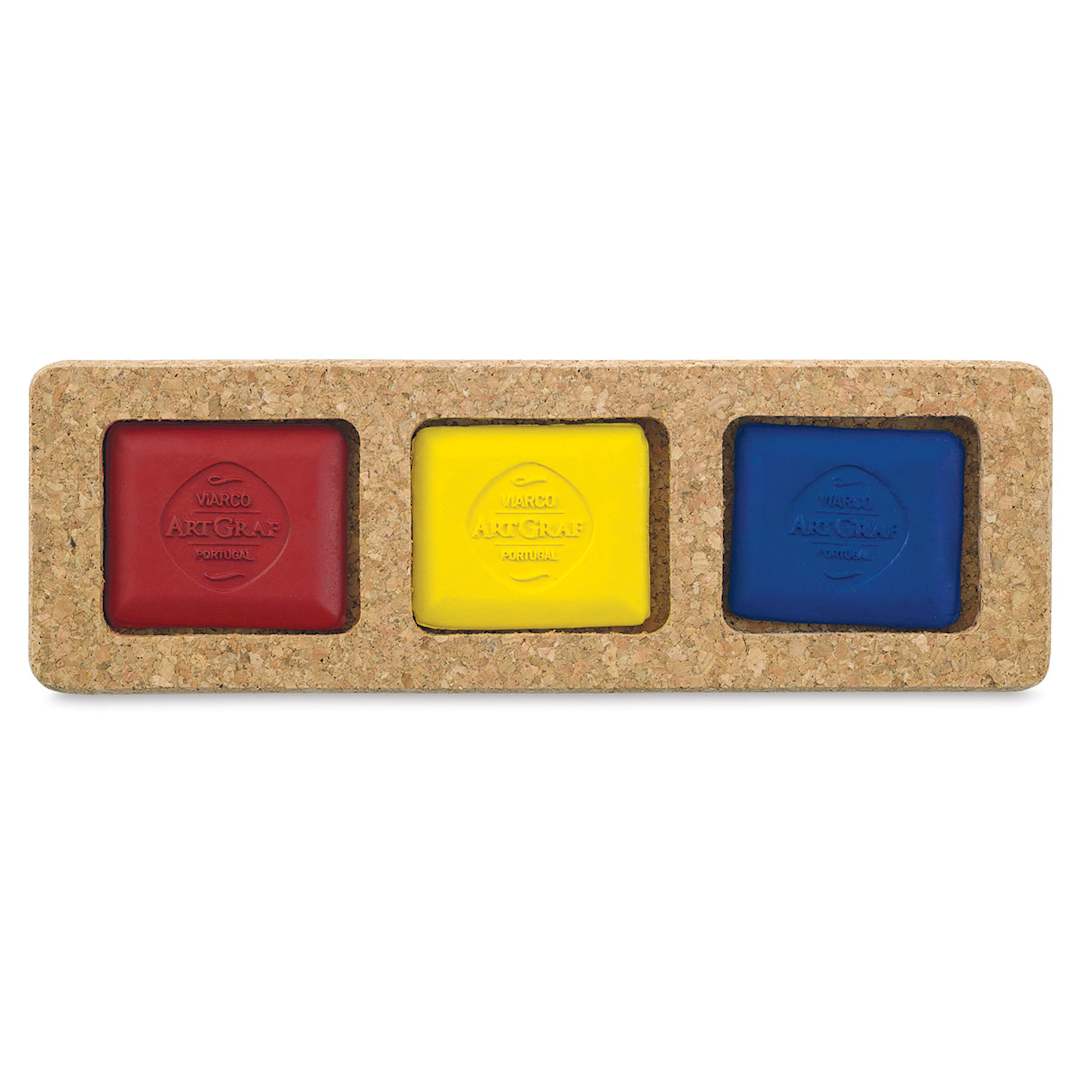 Open in modal - ArtGraf Viarco Pigmented Tailor Chalk - Open set of 3 Primary colors shown in cork storage holder