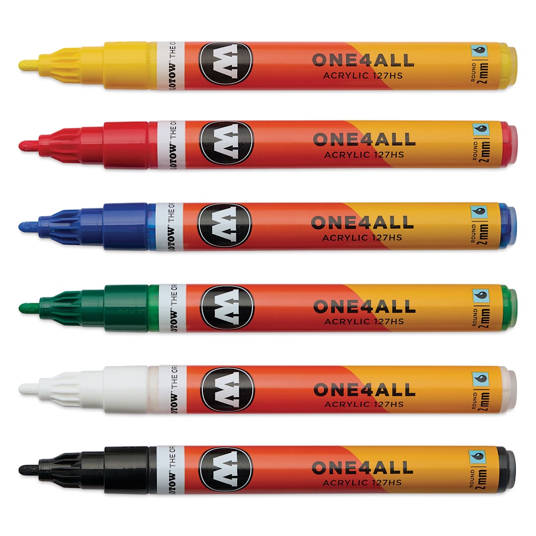 Open in modal - Molotow One4All Acrylic Markers - Set of 6, Basic 1 Colors, 2 mm, caps off