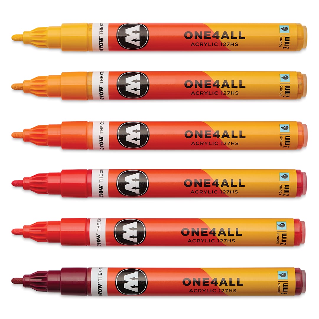 Open in modal - Molotow One4All Acrylic Markers - Set of 6, Hot Colors, 2 mm, caps off