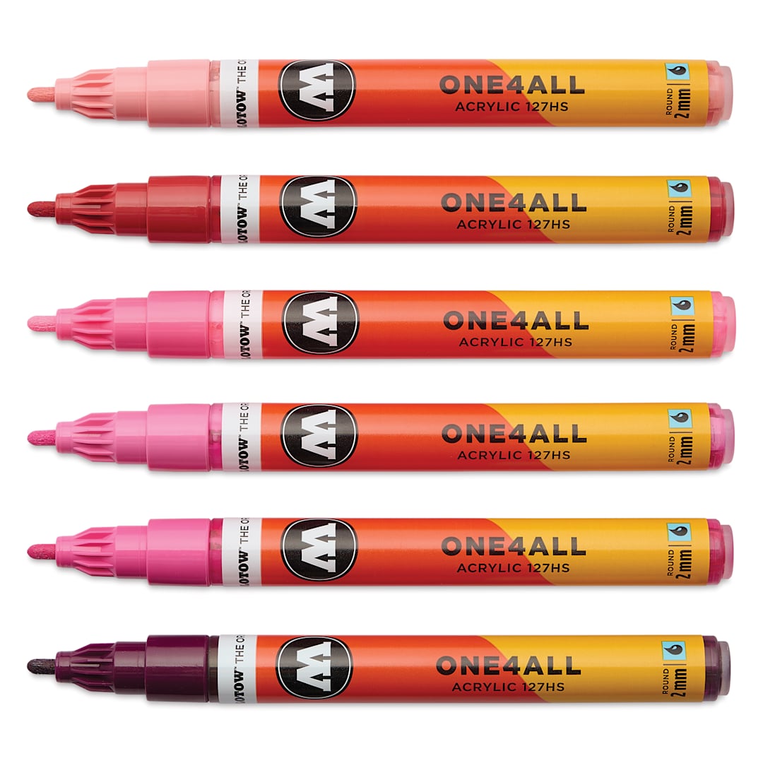 Open in modal - Molotow One4All Acrylic Markers - Set of 6, Pink Colors, 2 mm, caps off