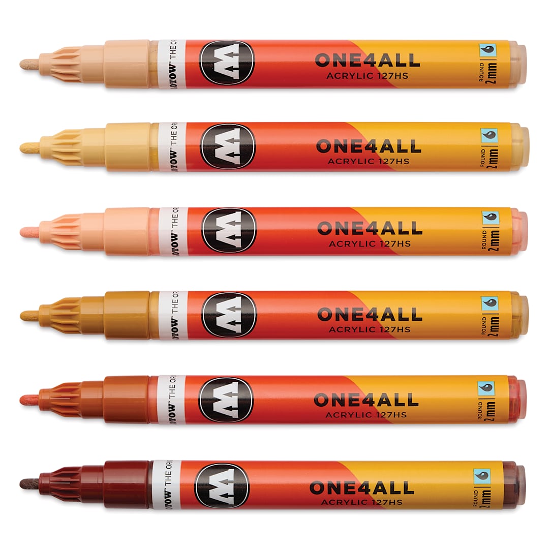 Open in modal - Molotow One4All Acrylic Markers - Set of 6, Wood Colors, 2 mm, caps off