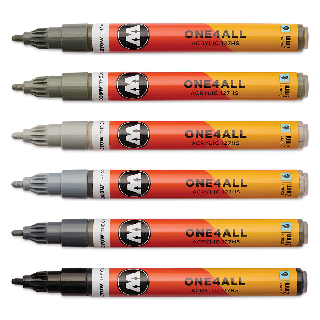 Open in modal - Molotow One4All Acrylic Markers - Set of 6, Grey Colors, 2 mm, caps off