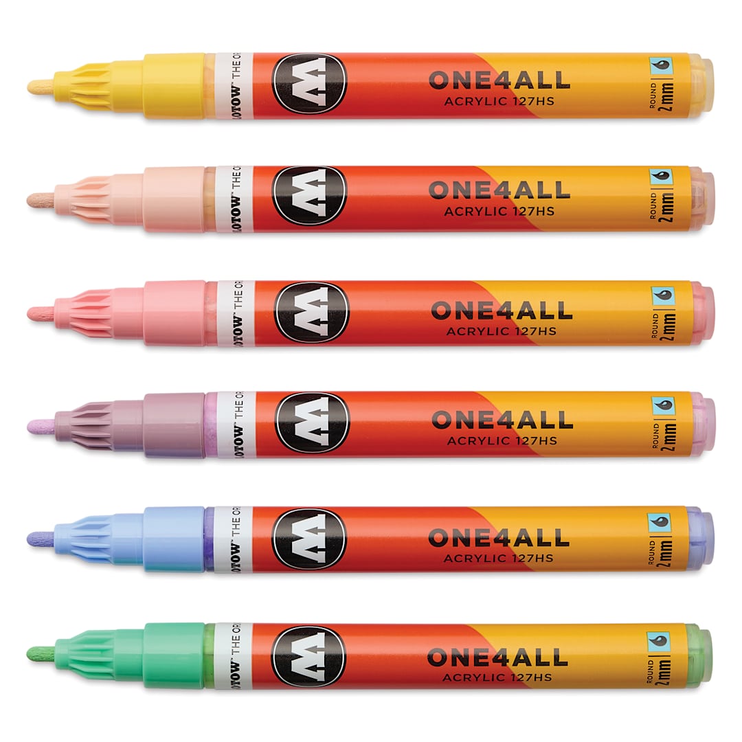 Open in modal - Molotow One4All Acrylic Markers - Set of 6, Pastel Classic Colors, 2 mm, caps off