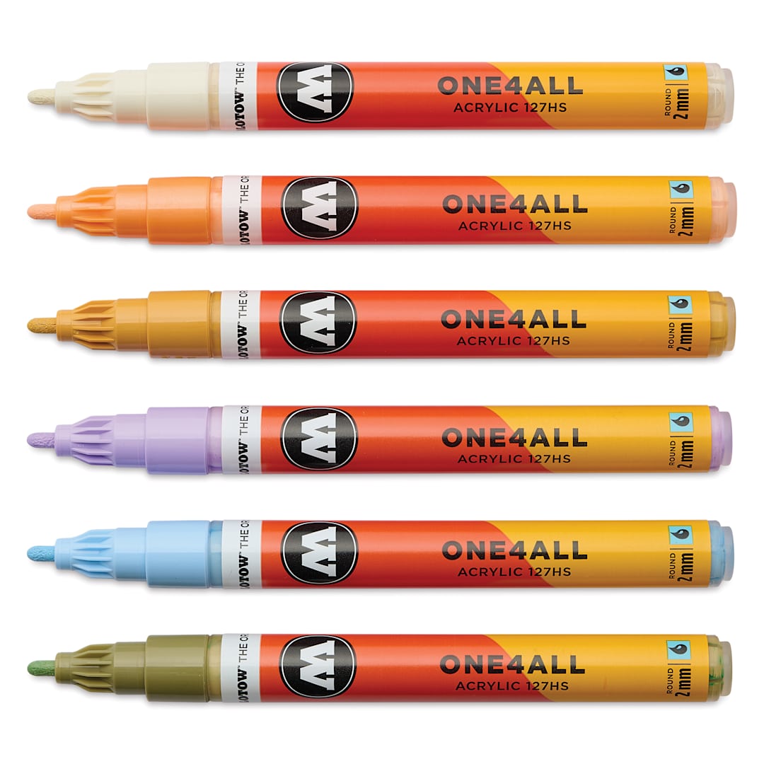 Open in modal - Molotow One4All Acrylic Markers - Set of 6, Pastel Modern Colors, 2 mm, caps off