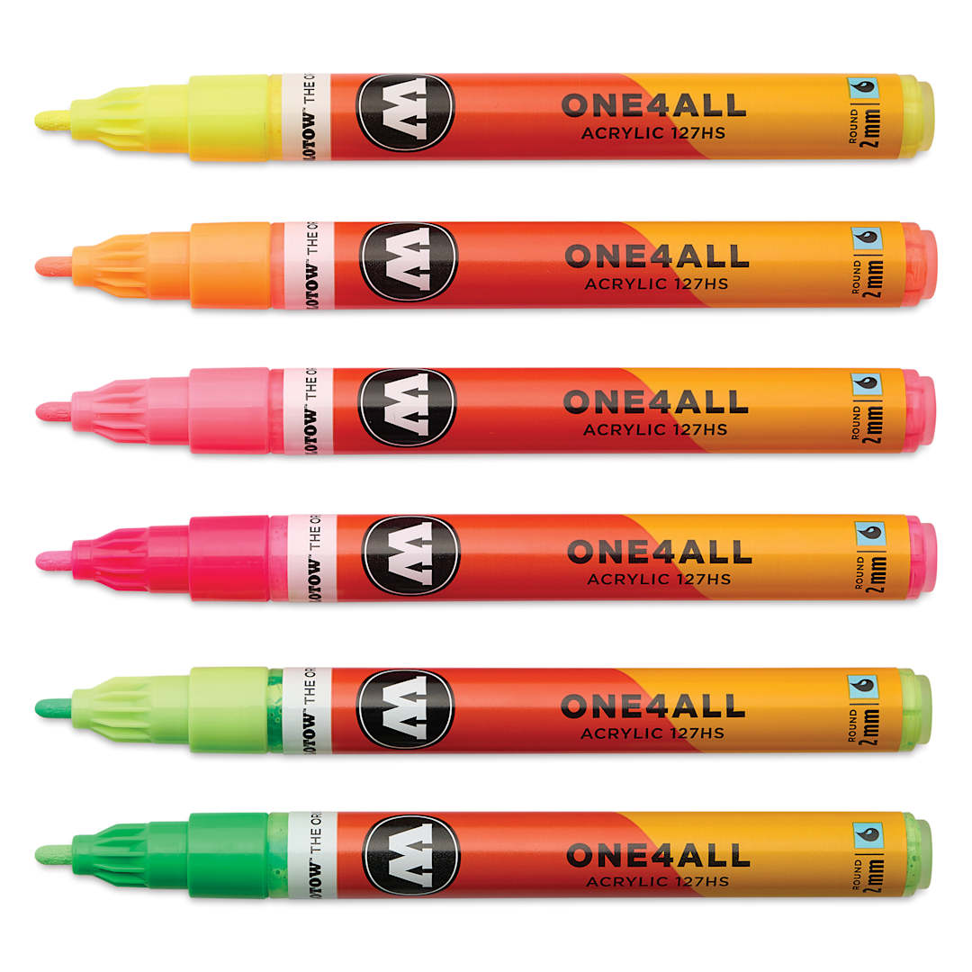 Open in modal - Molotow One4All Acrylic Markers - Set of 6, Neon Colors, 2 mm, caps off