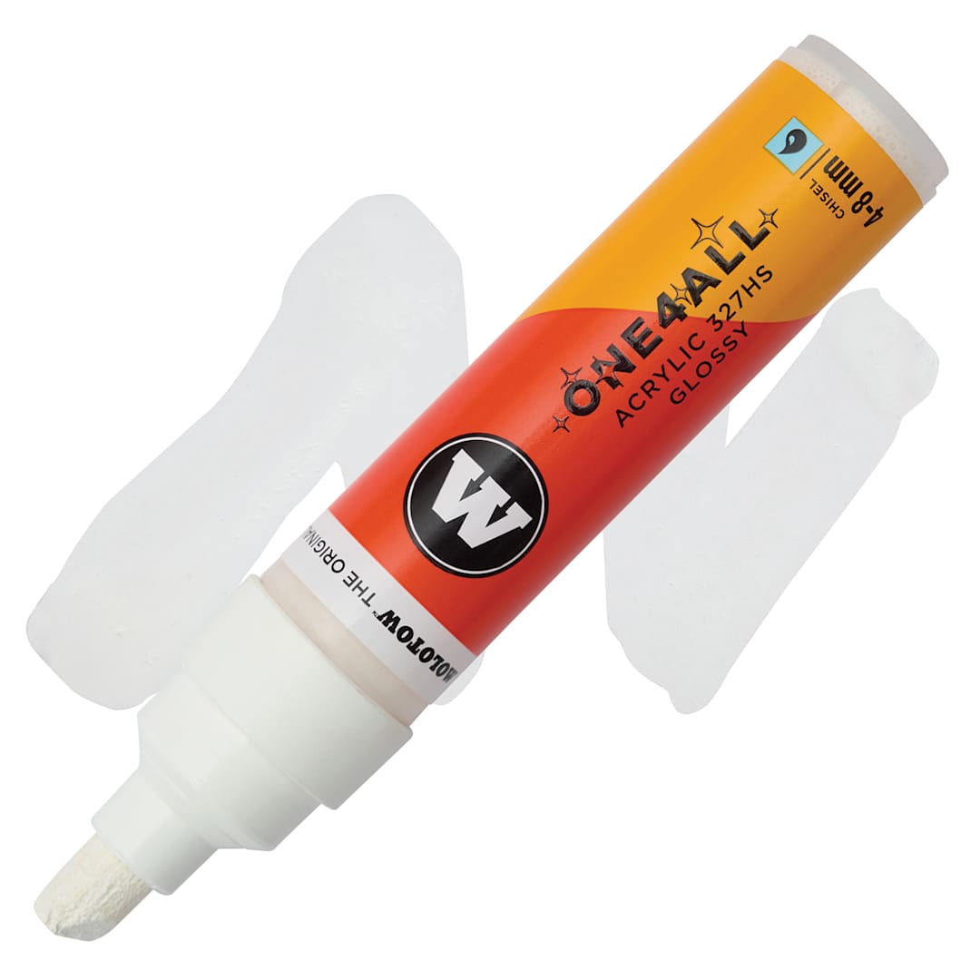 Open in modal - Molotow One4All Acrylic Marker - 4-8 mm Tip, White Glossy, Chisel Tip, swatch and marker
