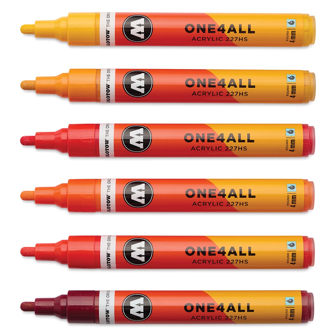 Open in modal - Molotow One4All Acrylic Markers - Set of 6, Hot Colors, 4 mm, caps off