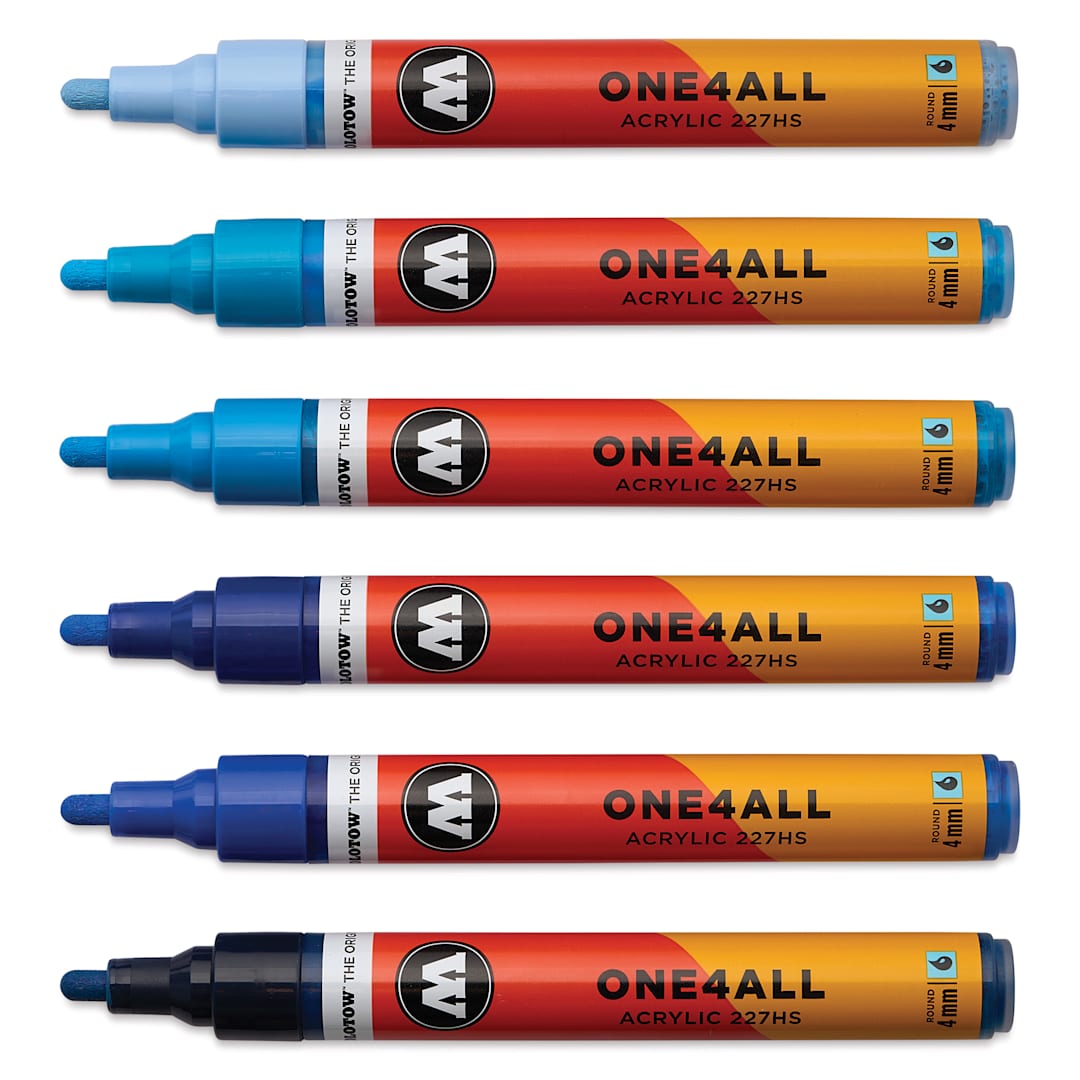 Open in modal - Molotow One4All Acrylic Markers - Set of 6, Blue Colors, 4 mm, caps off