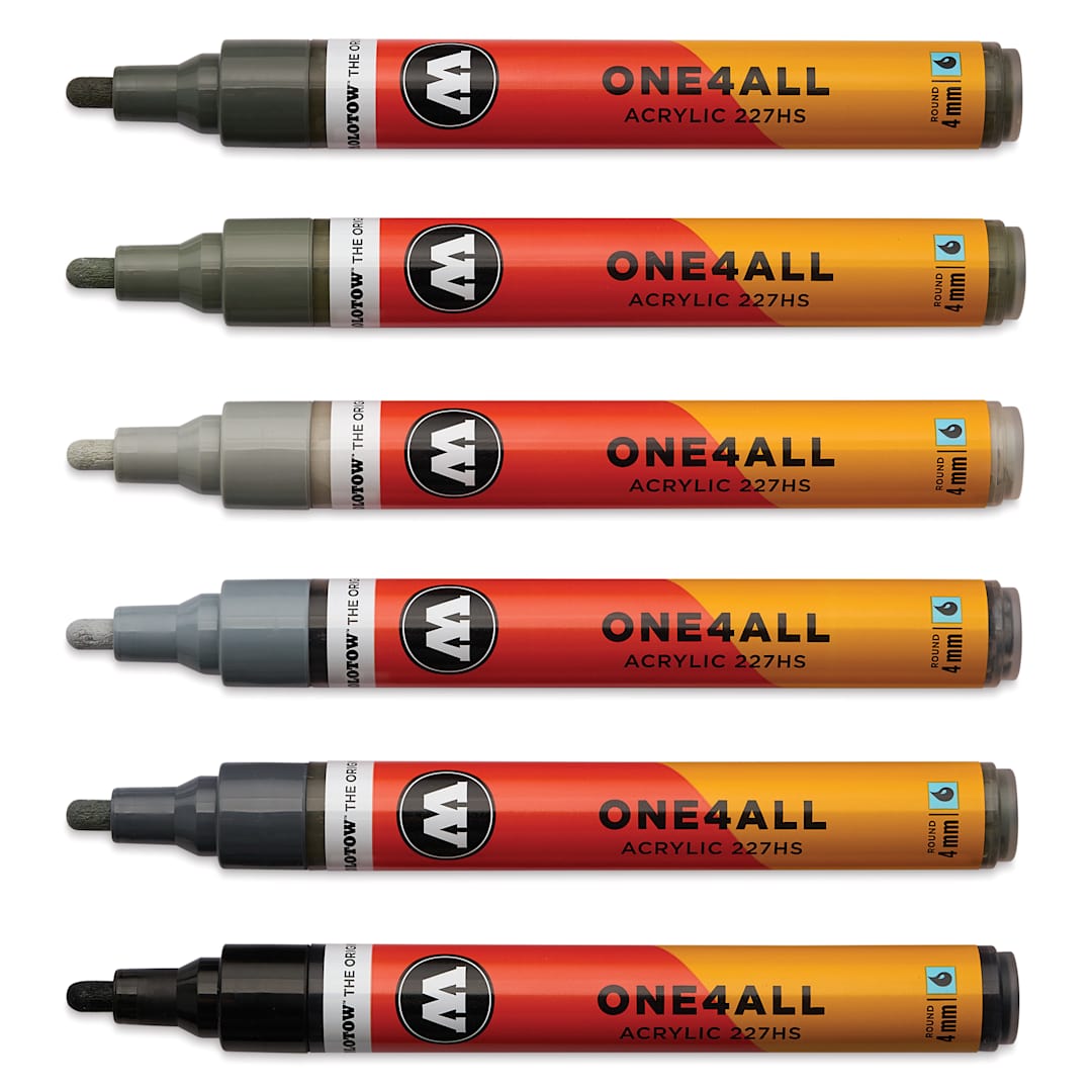 Open in modal - Molotow One4All Acrylic Markers - Set of 6, Grey Colors, 4 mm, caps off