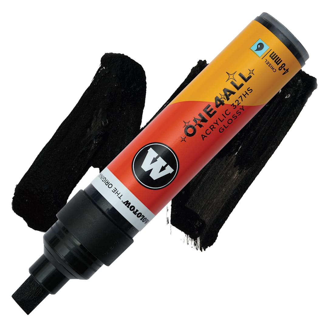 Open in modal - Molotow One4All Acrylic Marker - 4-8 mm Tip, Black Glossy, Chisel Tip, swatch and marker