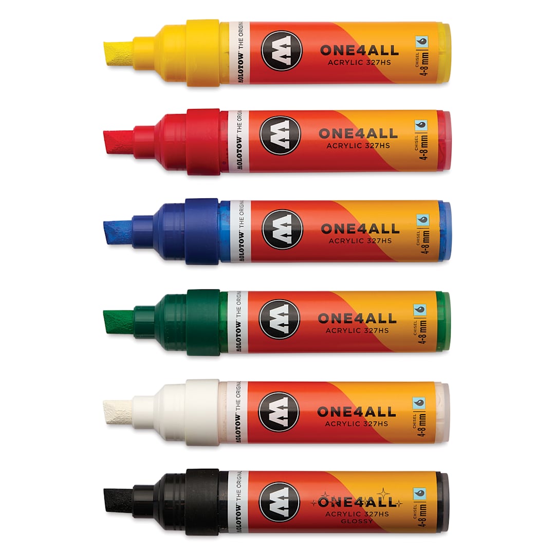 Open in modal - Molotow One4All Acrylic Markers - Set of 6, Basic 1 Colors, 8 mm, caps off