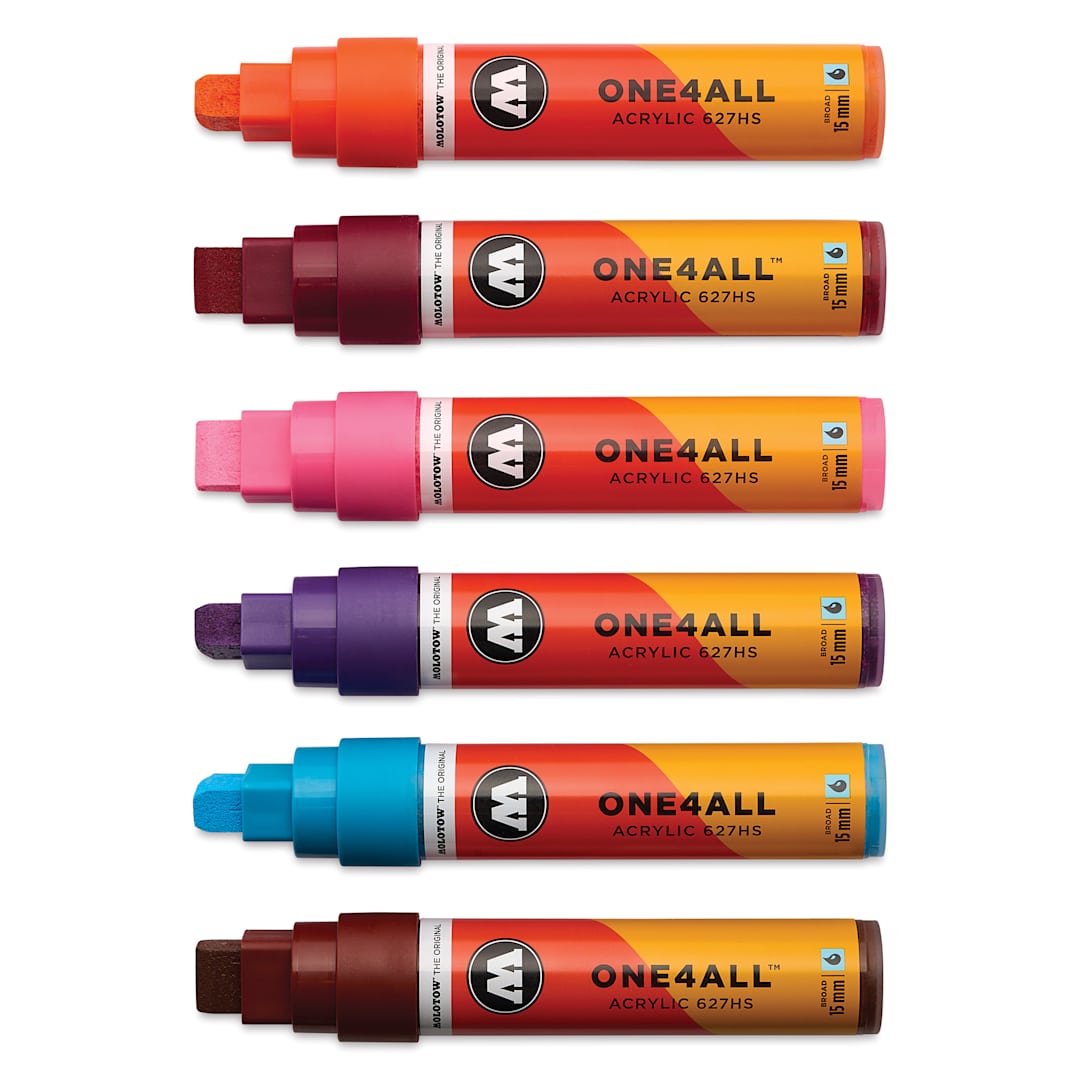 Open in modal - Molotow One4All Acrylic Markers - Set of 6, Basic 2 Colors, 15 mm, caps off