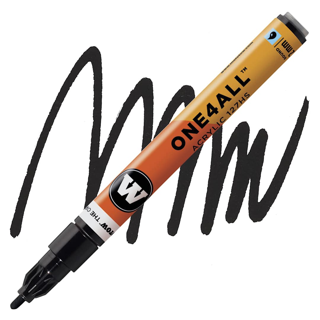 Open in modal - Molotow One4All Acrylic Marker - 2 mm Tip, Signal Black, Bullet Tip marker and swatch