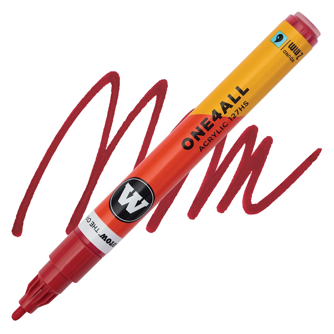 Open in modal - Molotow One4All Acrylic Marker - 2 mm Tip, Raspberry Red, Bullet Tip, swatch and marker