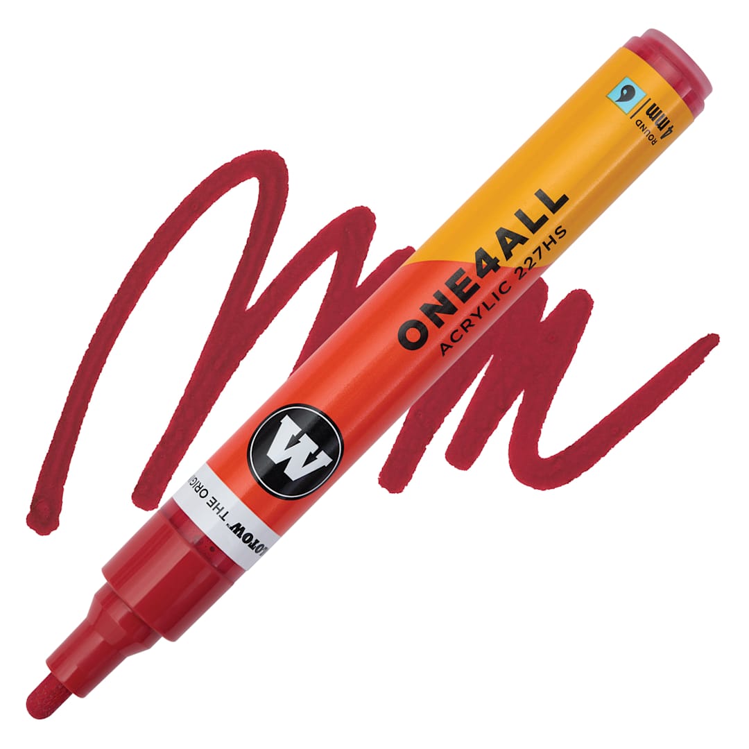 Open in modal - Molotow One4All Acrylic Marker - 4 mm Tip, Raspberry Red, Bullet Tip, swatch and marker