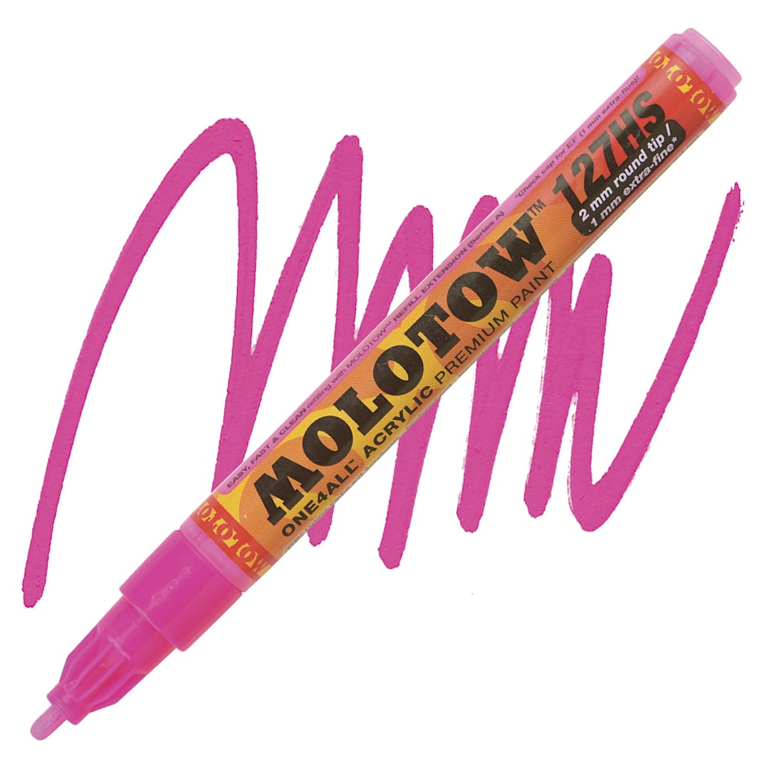 Open in modal - Molotow ONE4ALL Acrylic Marker - 2 mm Tip, Neon Pink Fluorescent, Bullet Tip marker and swatch