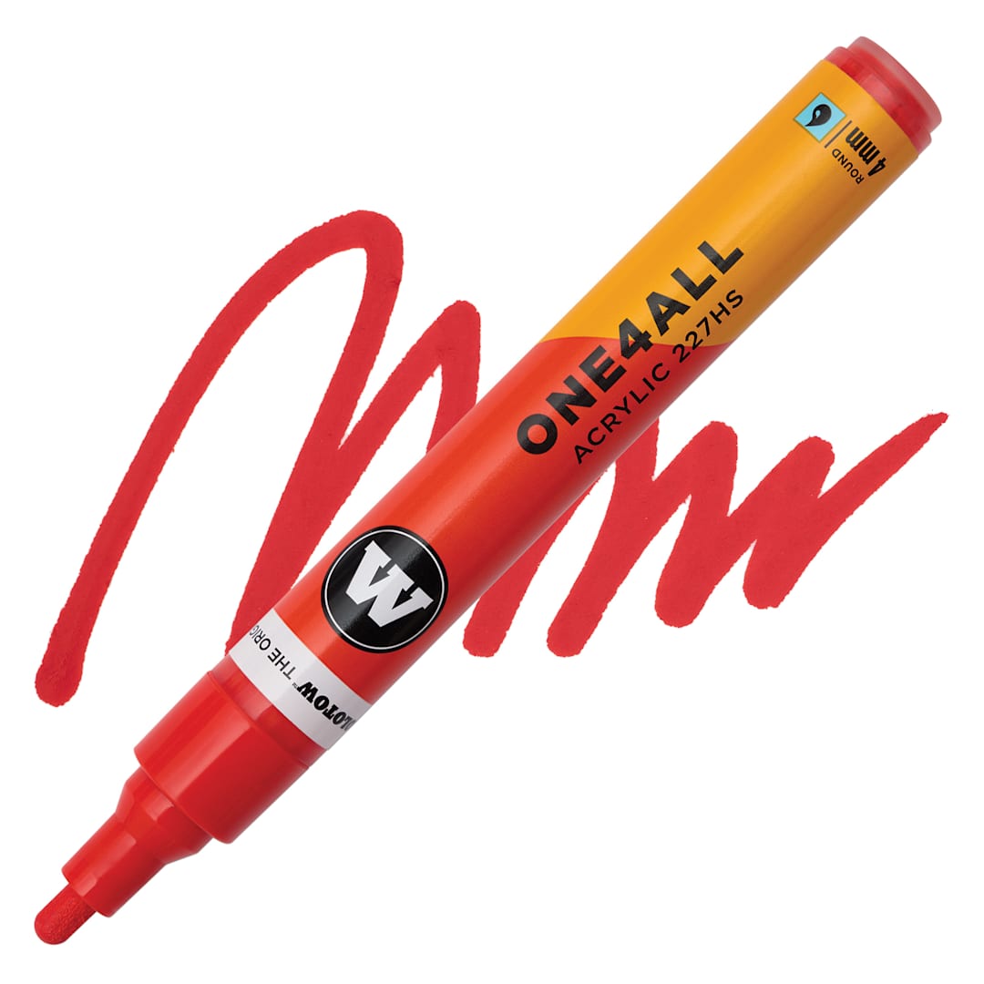 Open in modal - Molotow One4All Acrylic Marker - 4 mm Tip, Cherry Red, Bullet Tip, swatch and marker