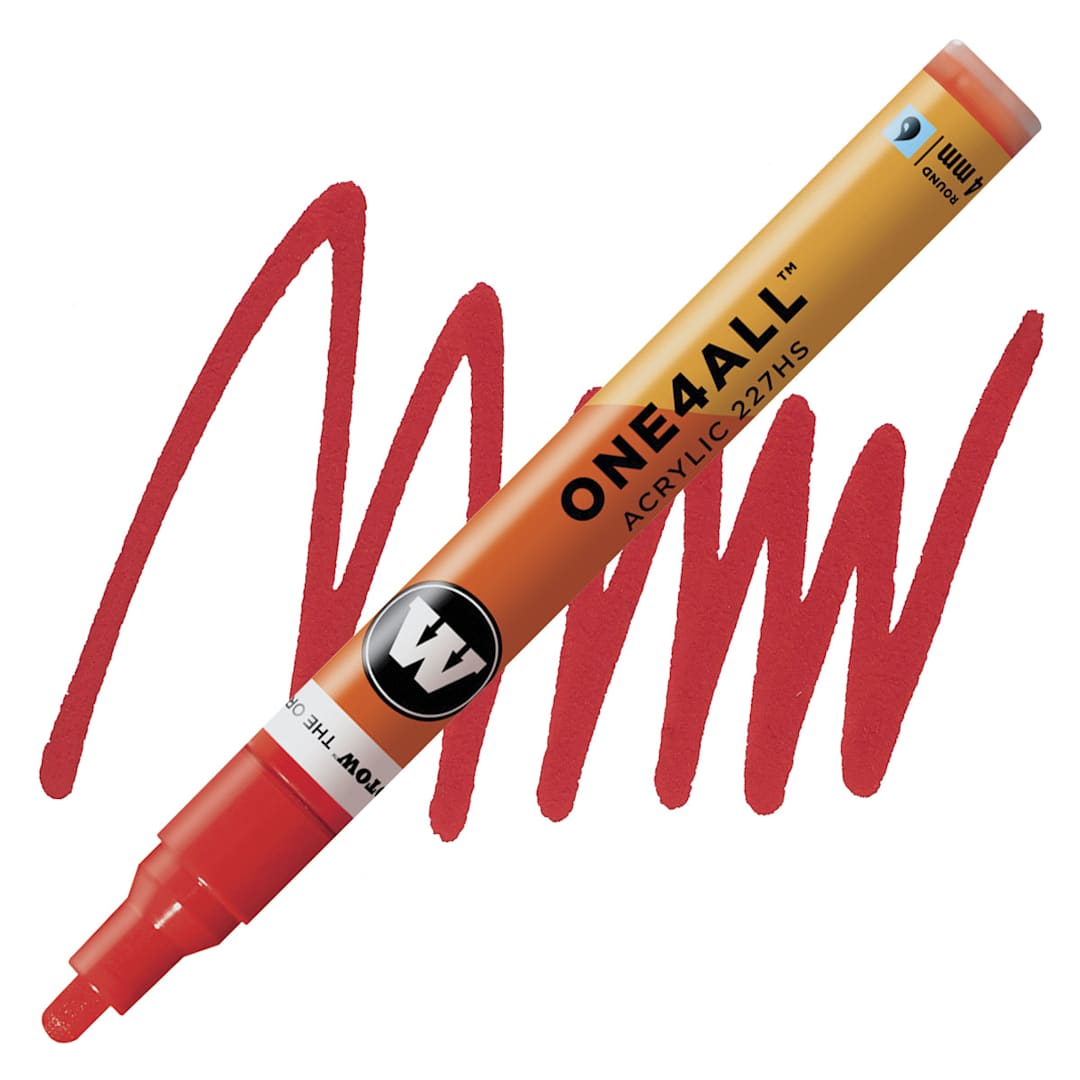 Open in modal - Molotow One4All Acrylic Marker - 4 mm Tip, Traffic Red, Bullet Tip marker and swatch