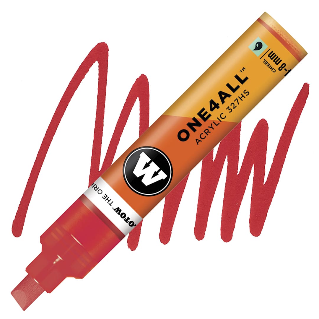 Open in modal - Molotow One4All Acrylic Marker - 4–8 mm Tip, Traffic Red, Chisel Tip marker and swatch
