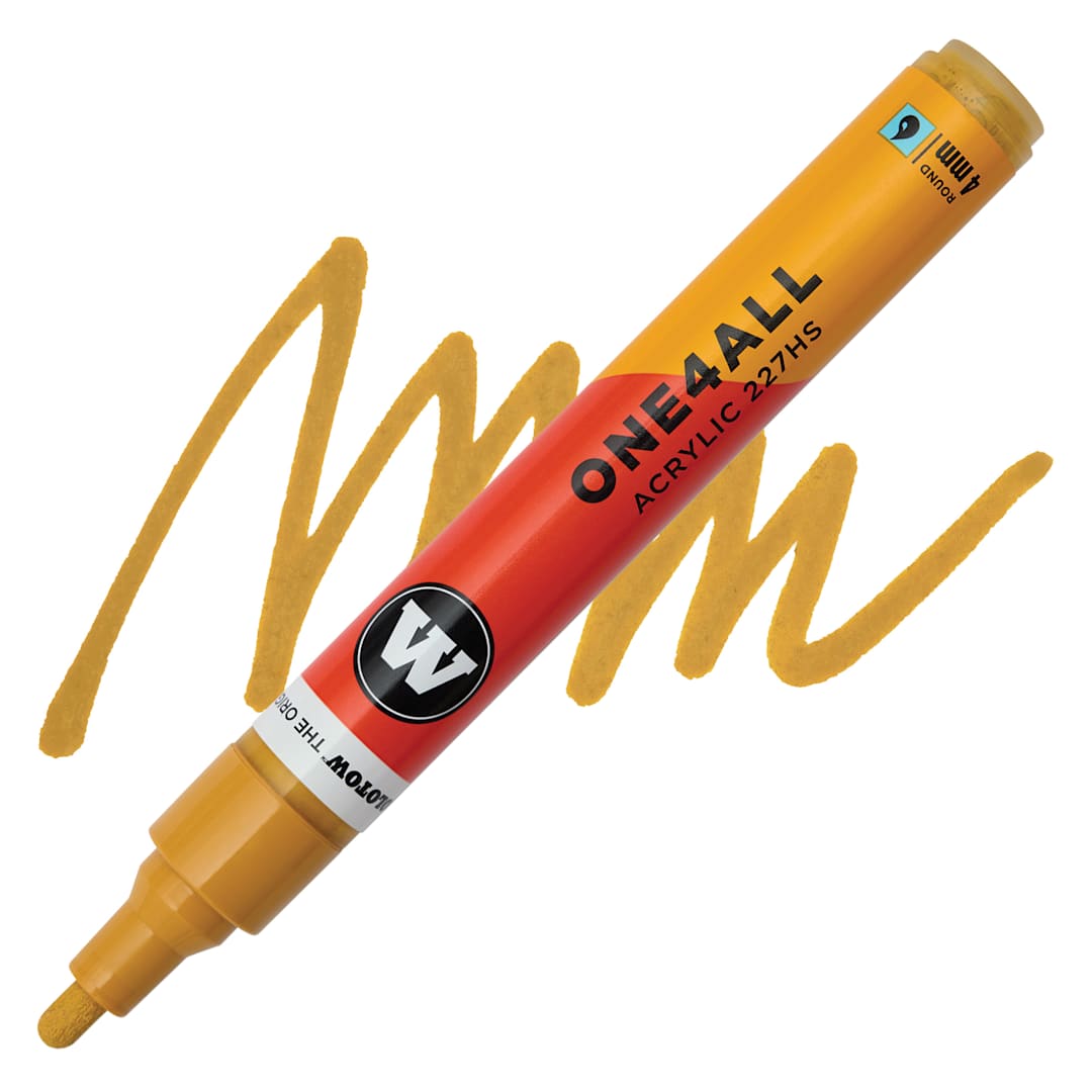 Open in modal - Molotow One4All Acrylic Marker - 4 mm Tip, Mustard Yellow, Bullet Tip, swatch and marker