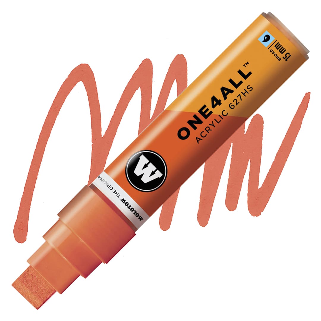 Open in modal - Molotow One4All Acrylic Marker - 15 mm Tip, Dare Orange, Square Tip marker and swatch
