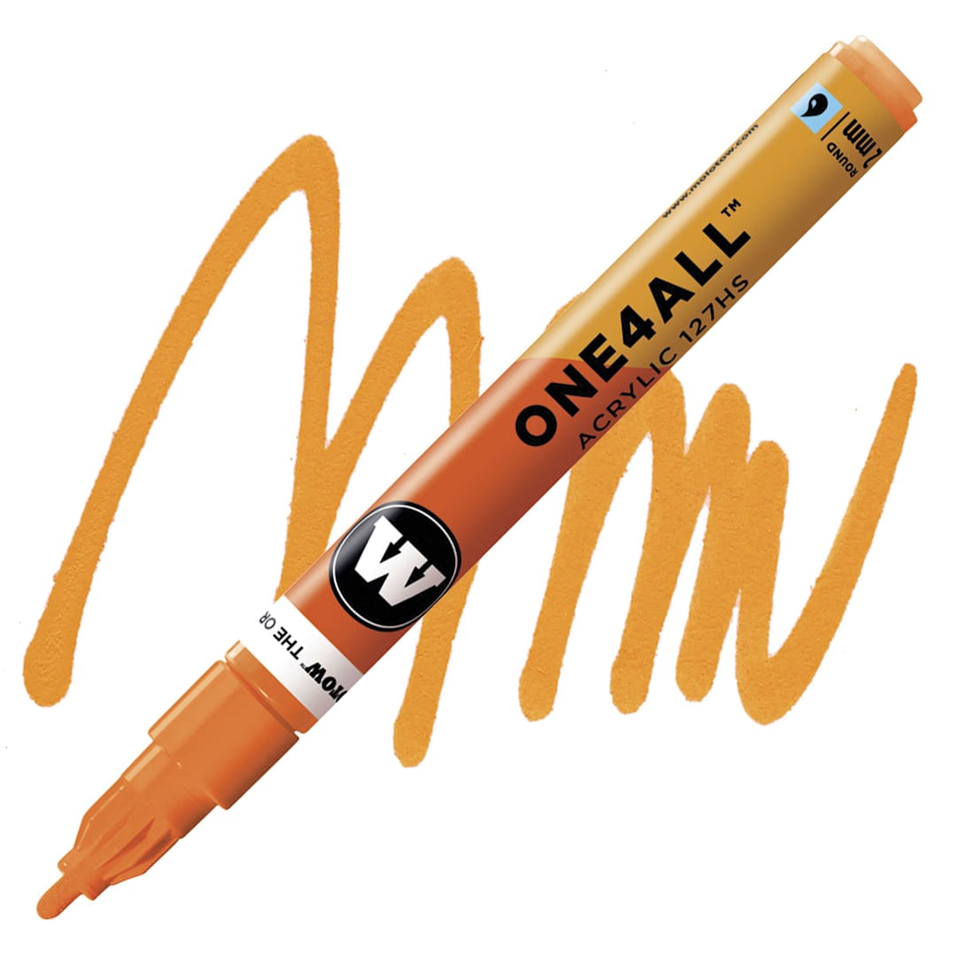 Open in modal - Molotow One4All Acrylic Marker - 2 mm Tip, Neon Orange Fluorescent, Bullet Tip marker and swatch