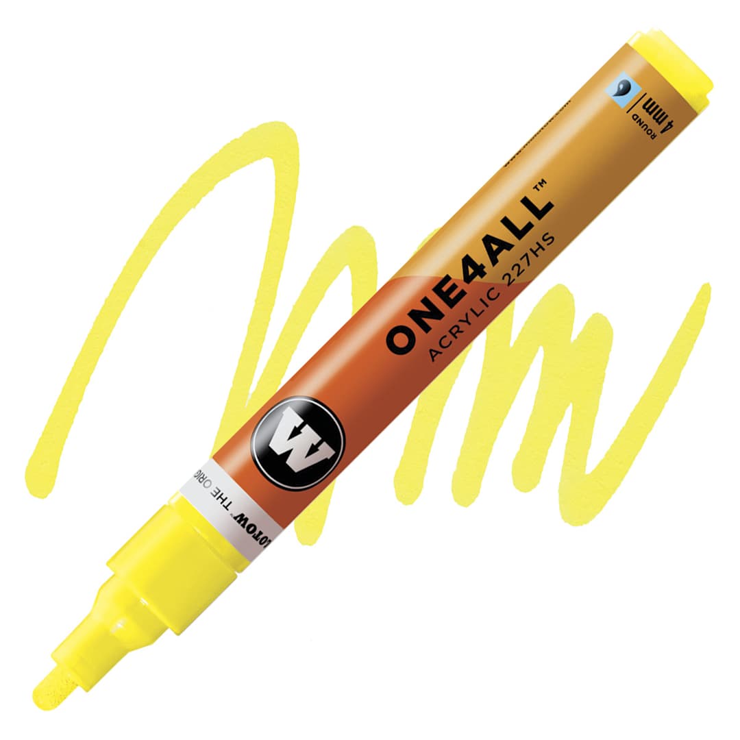 Open in modal - Molotow One4All Acrylic Marker - 4 mm Tip, Neon Yellow Fluorescent, Bullet Tip marker and swatch
