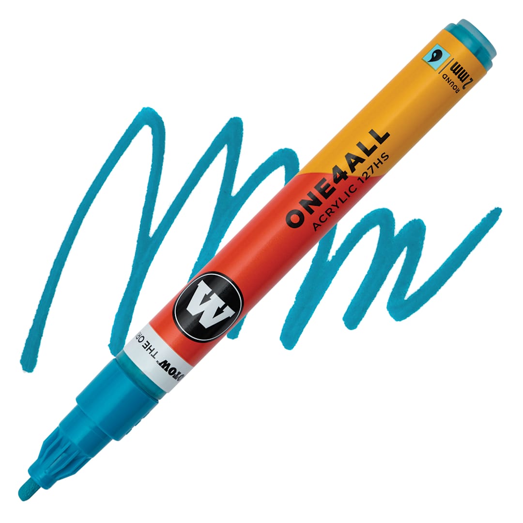 Open in modal - Molotow One4All Acrylic Marker - 2 mm Tip, Aqua, Bullet Tip, swatch and marker