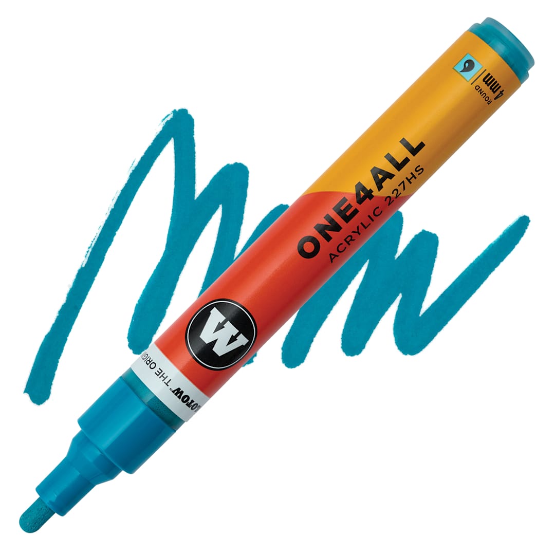 Open in modal - Molotow One4All Acrylic Marker - 4 mm Tip, Aqua, Bullet Tip, swatch and marker