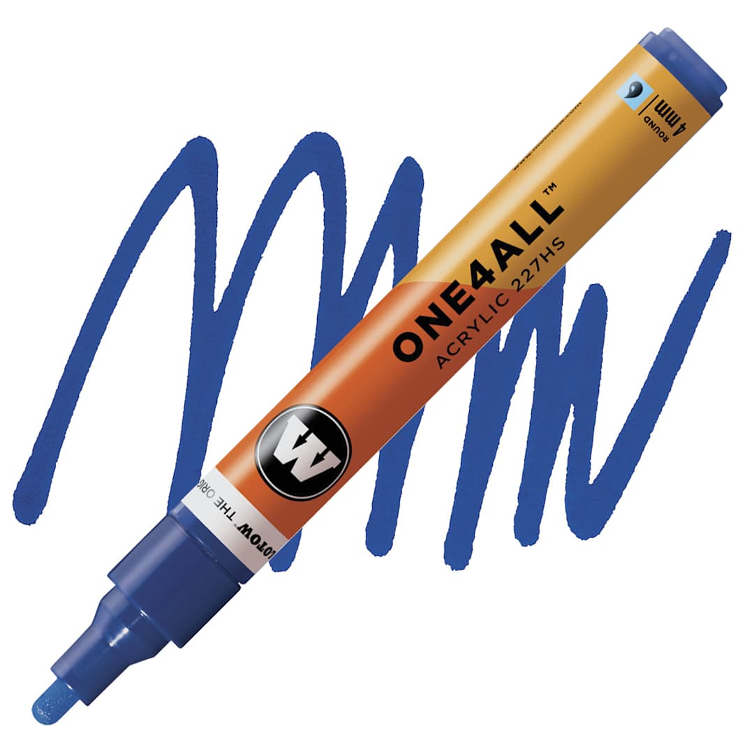 Open in modal - Molotow One4All Acrylic Marker - 4 mm Tip, True Blue, Bullet Tip marker and swatch