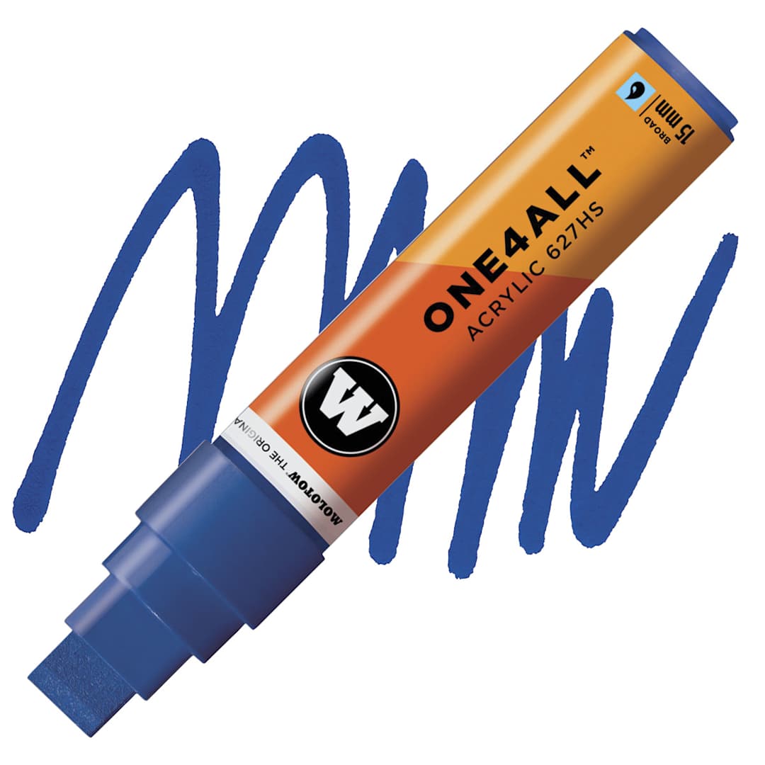 Open in modal - Molotow One4All Acrylic Marker - 15 mm Tip, True Blue, Square Tip marker and swatch