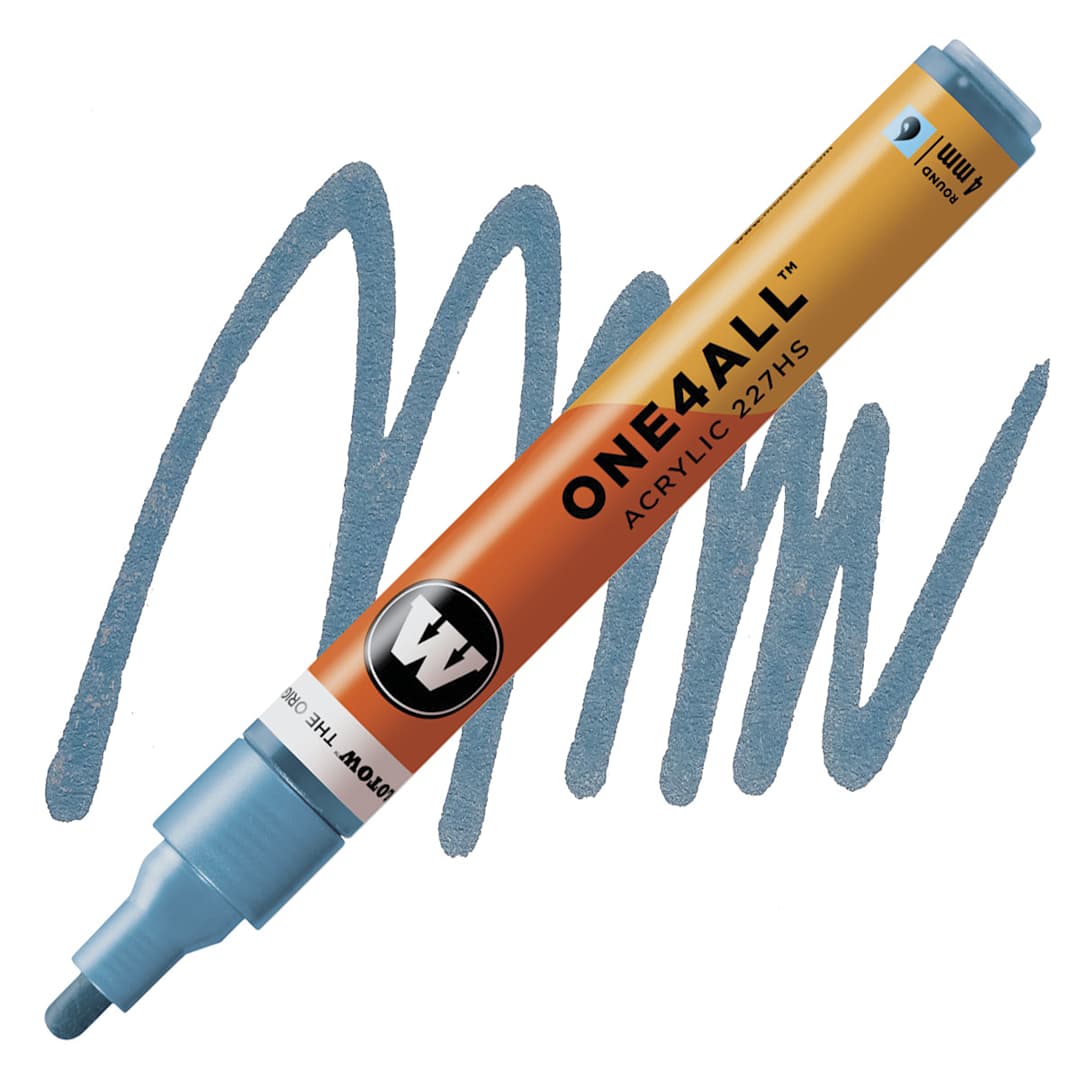 Open in modal - Molotow One4All Acrylic Marker - 4 mm Tip, Metallic Blue, Bullet Tip marker and swatch