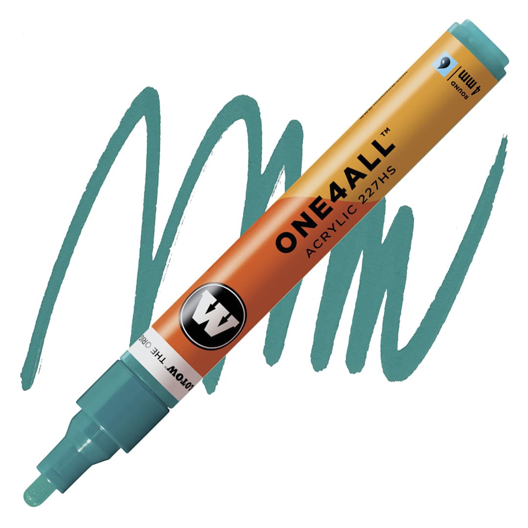 Open in modal - Molotow One4All Acrylic Marker - 4 mm Tip, Lagoon Blue, Bullet Tip marker and swatch