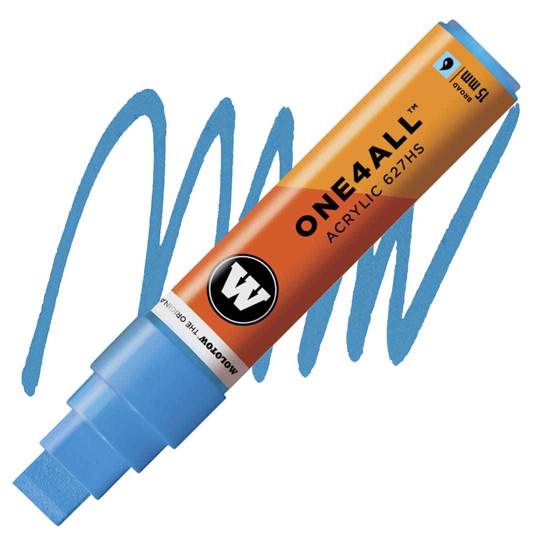 Open in modal - Molotow One4All Acrylic Marker - 15 mm Tip, Shock Blue Middle, Square Tip marker and swatch