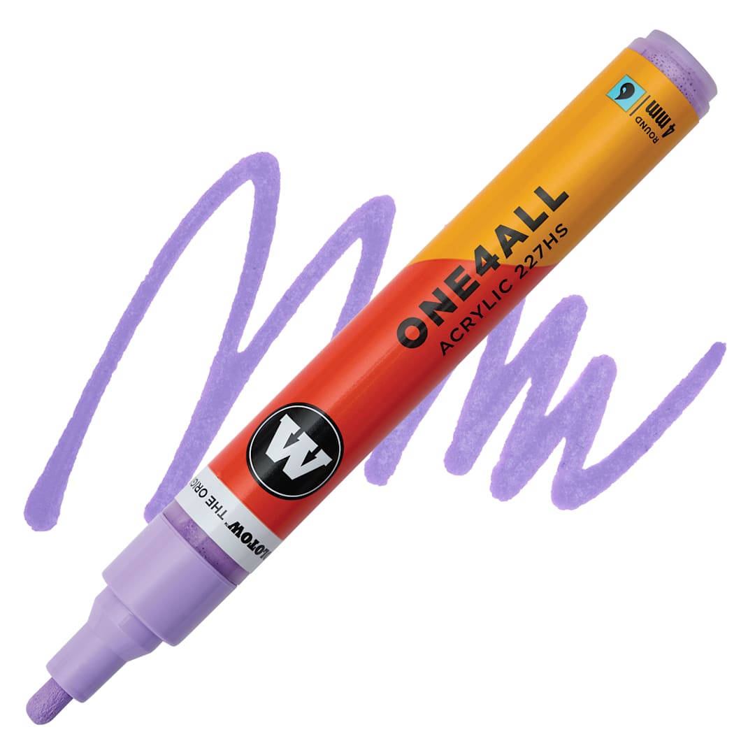 Open in modal - Molotow One4All Acrylic Marker - 4 mm Tip, Lavender, Bullet Tip, swatch and marker