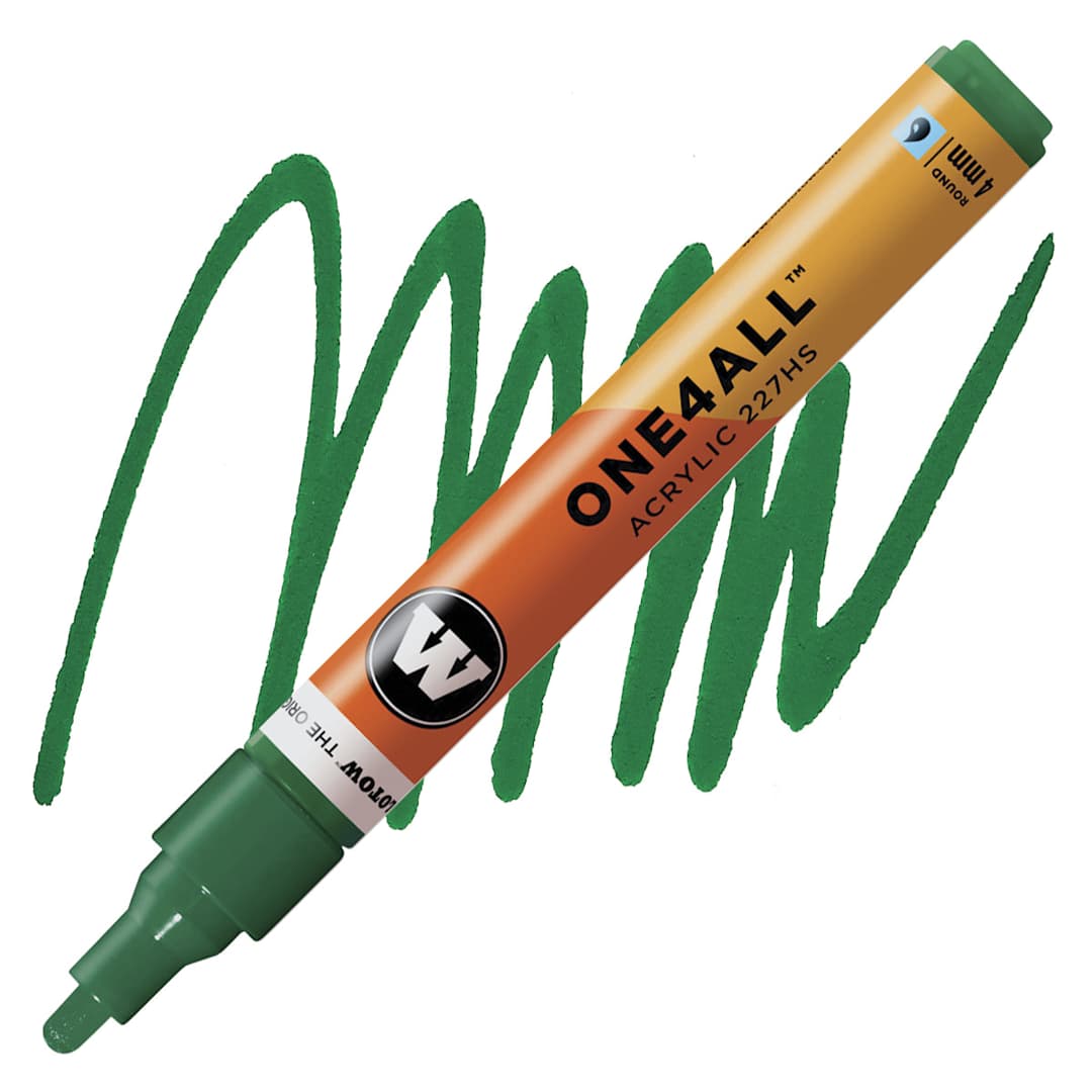 Open in modal - Molotow One4All Acrylic Marker - 4 mm Tip, Mister Green, Bullet Tip marker and swatch