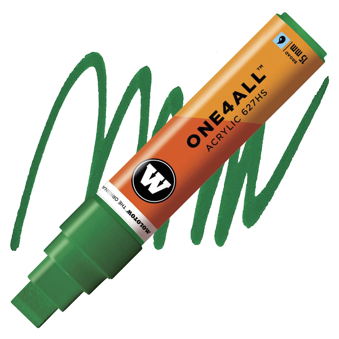 Open in modal - Molotow One4All Acrylic Marker - 15 mm Tip , Mister Green, Square Tip marker and swatch