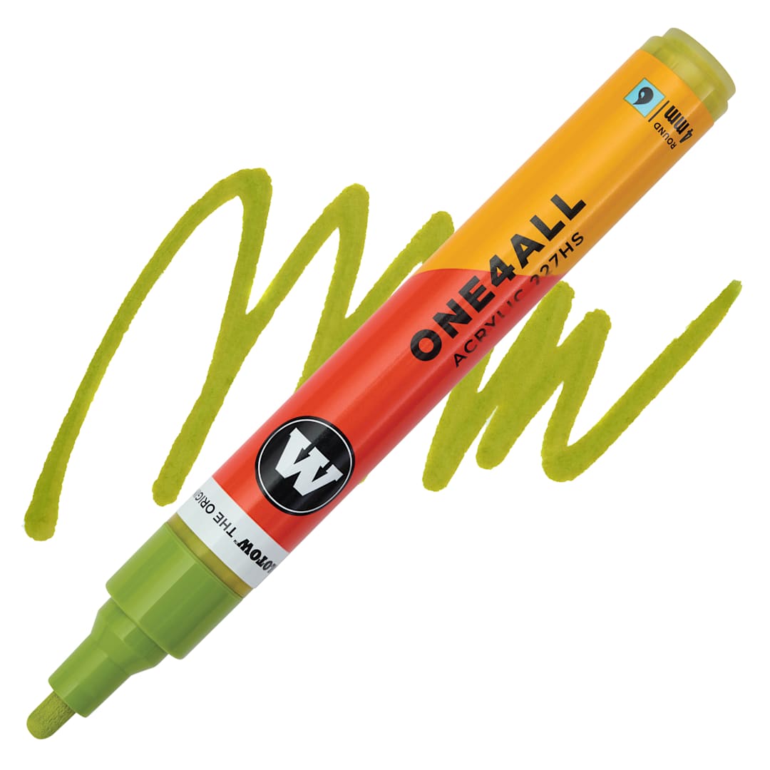 Open in modal - Molotow One4All Acrylic Marker - 4 mm Tip, Nature Green Light, Bullet Tip, swatch and marker