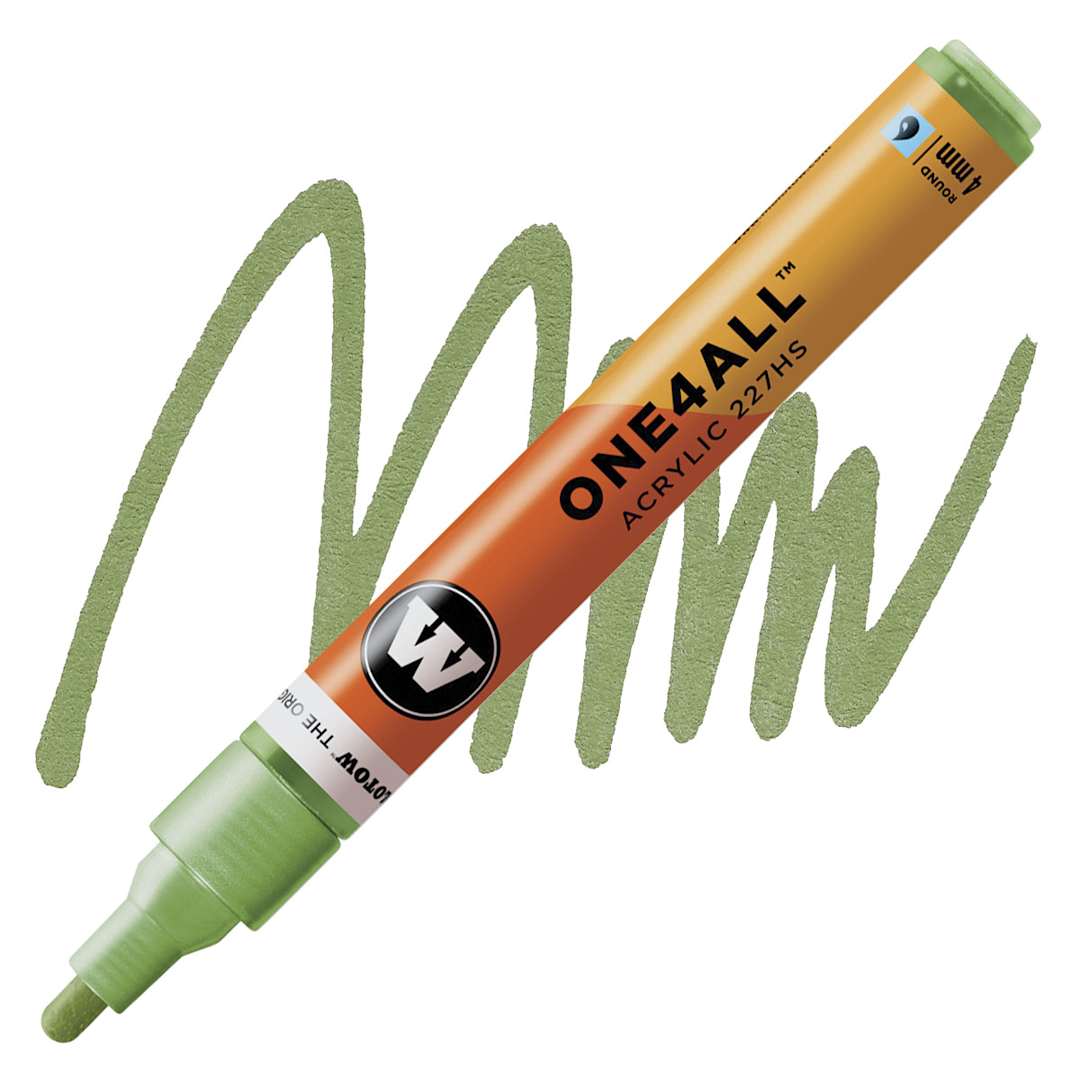 Open in modal - Molotow One4All Acrylic Marker - 4 mm Tip, Metallic Light Green, Bullet Tip marker and swatch