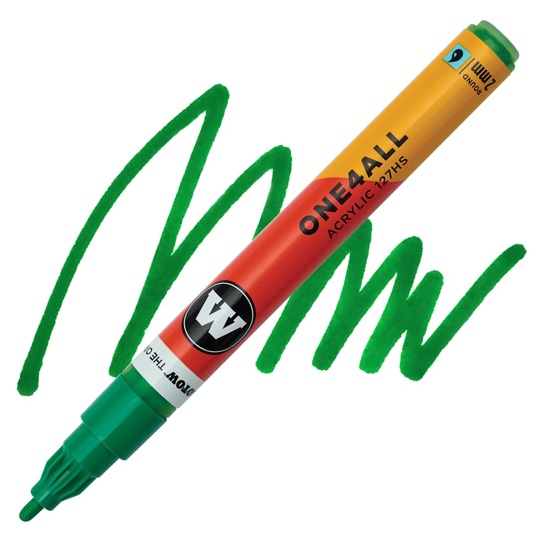 Open in modal - Molotow One4All Acrylic Marker - 2 mm Tip, Clover Green, Bullet Tip, swatch and marker
