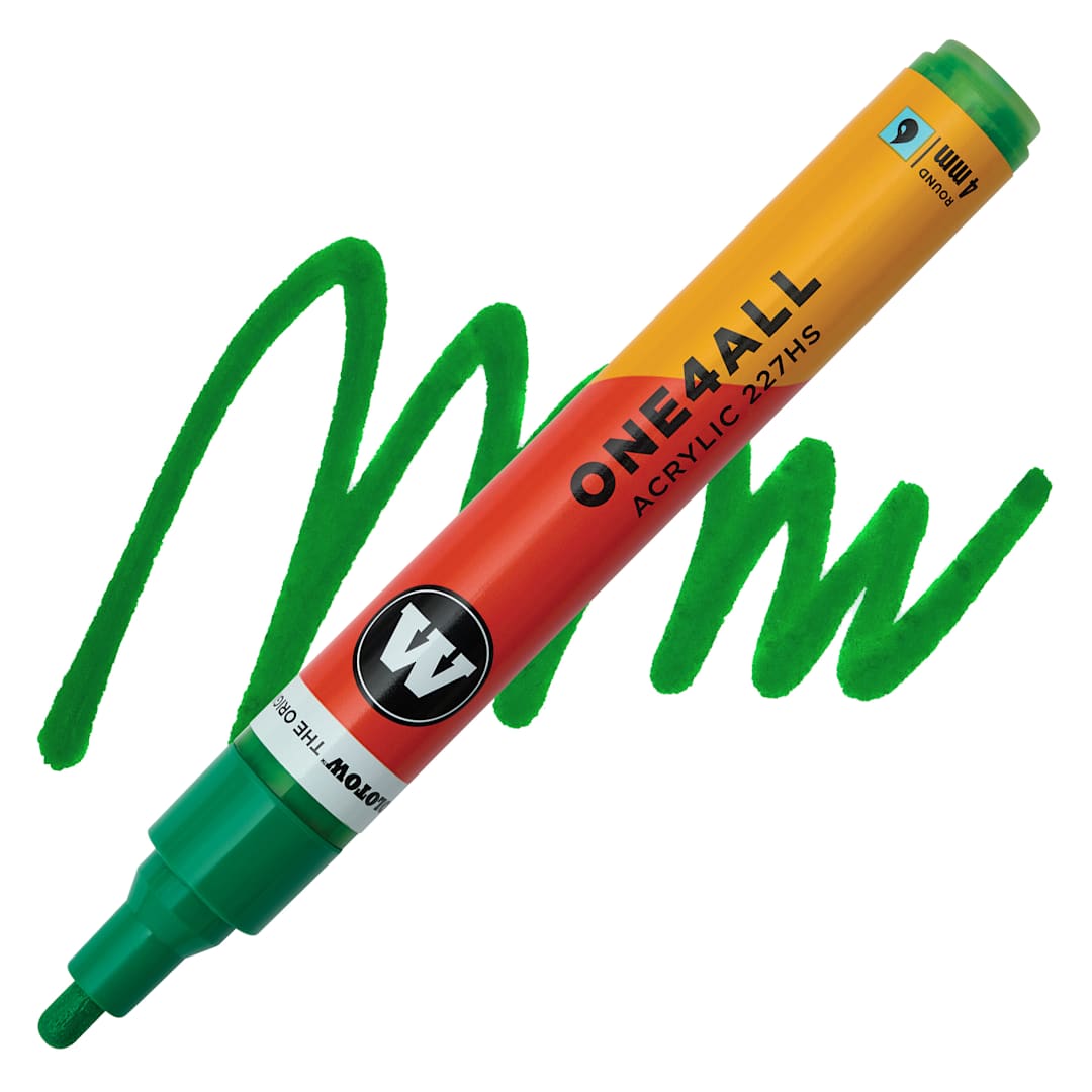 Open in modal - Molotow One4All Acrylic Marker - 4 mm Tip, Clover Green, Bullet Tip, swatch and marker