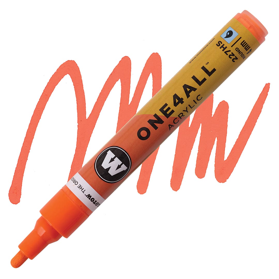 Open in modal - Molotow One4All Acrylic Marker - 4 mm Tip, Dare Orange, Bullet Tip marker and swatch