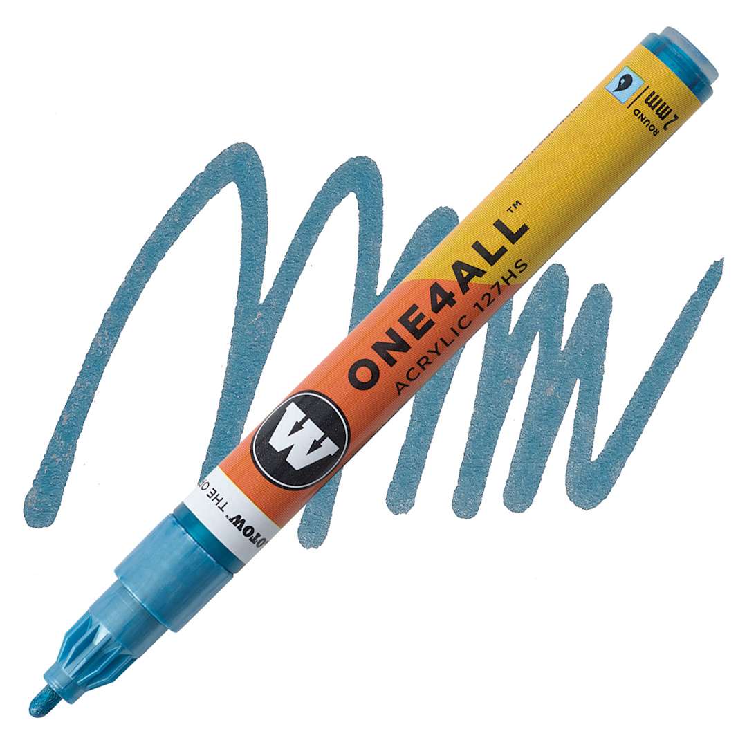 Open in modal - Molotow One4All Acrylic Marker - 2 mm Tip, Metallic Blue, Bullet Tip marker and swatch