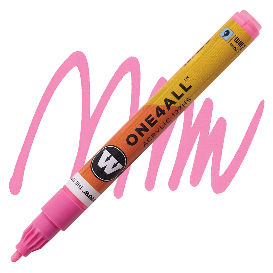 Open in modal - Molotow One4All Acrylic Marker - 2 mm Tip, Neon Pink, Bullet Tip marker and swatch