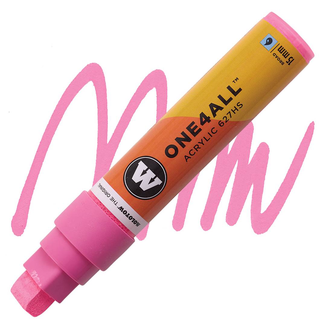 Open in modal - Molotow One4All Acrylic Marker - 15 mm Tip , Neon Pink, Square Tip marker and swatch