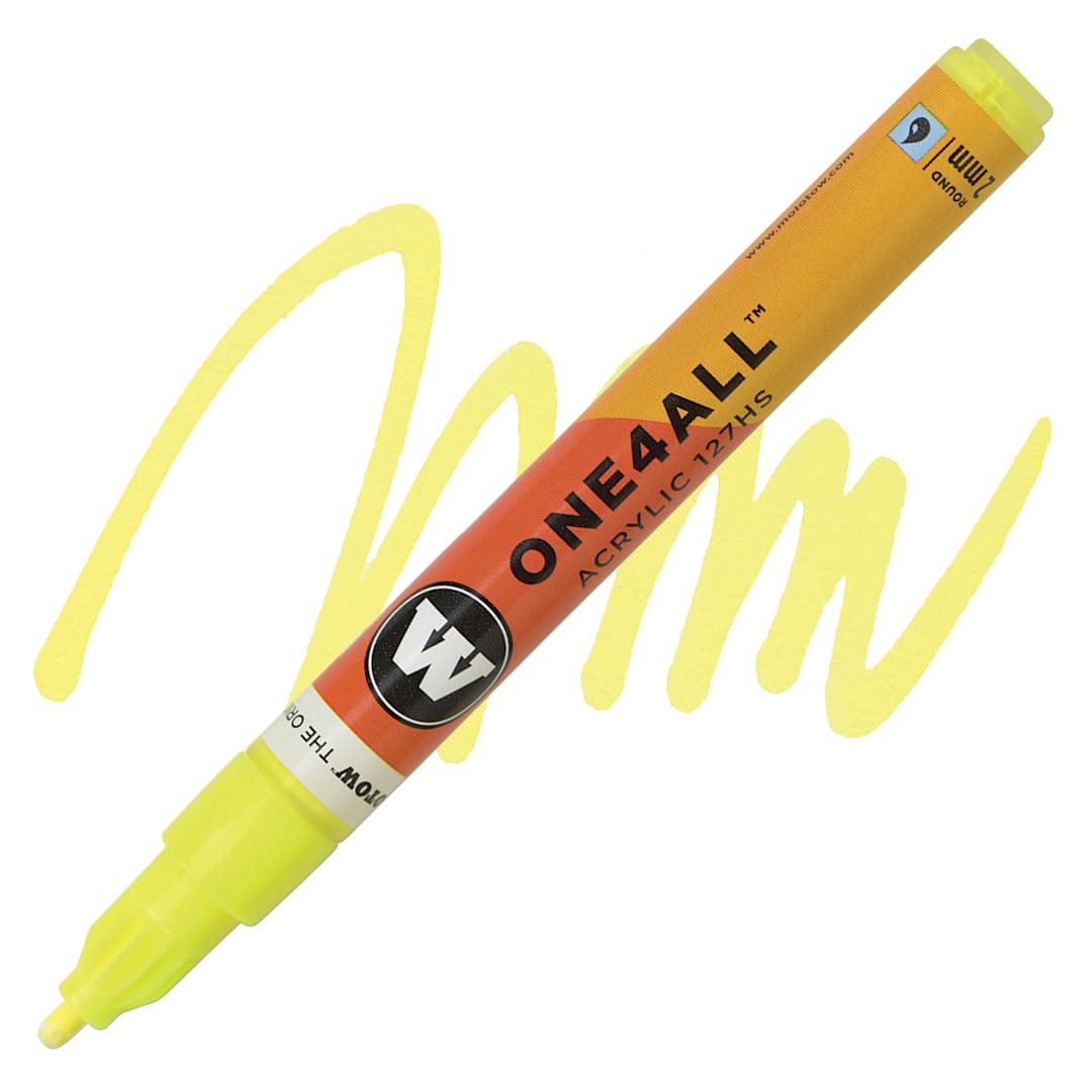 Open in modal - Molotow One4All Acrylic Marker - 2 mm Tip, Neon Yellow Fluorescent, Bullet Tip marker and swatch