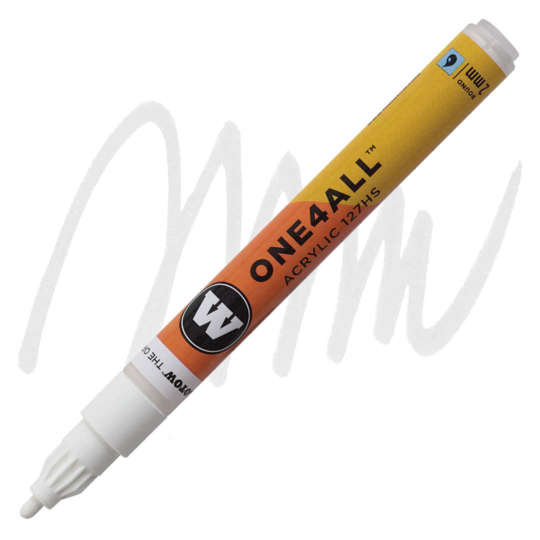 Open in modal - Molotow One4All Acrylic Marker - 2mm, Signal White, Bullet Tip marker and swatch