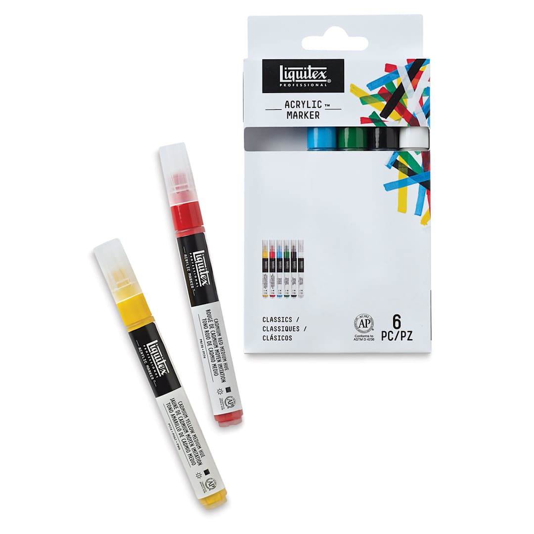 Open in modal - Liquitex Paint Markers - Classics, Set of 6, two markers in front of the packaging